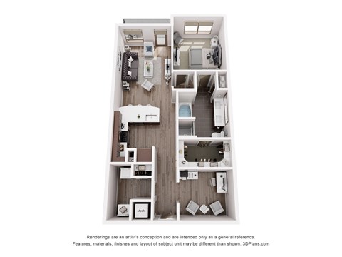 A 3D floor plan of a small apartment with a kitchen, living room, and two bedrooms.